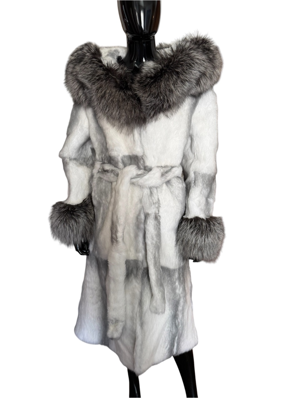 Luxurious White & Gray Rabbit Coat With Hooded Fox Silver Collar Belted